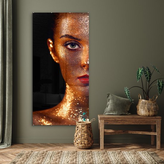 MuchoWow® Peinture sur Verre - Maquillage - Or - Femme - Luxe - Glitter - Art - 80x160 cm - Peintures sur Verre Peintures - Photo sur Glas