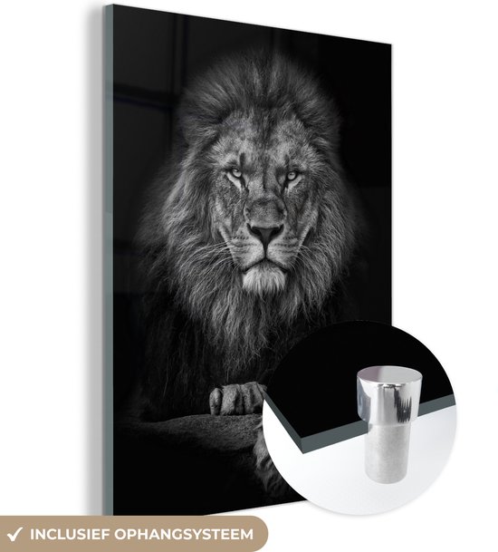 Glasschilderij leeuw - Zwart - Wit - Dieren - Foto op glas - Wanddecoratie glas - 30x40 cm - Woondecoratie - Schilderij glas - Muurdecoratie woonkamer