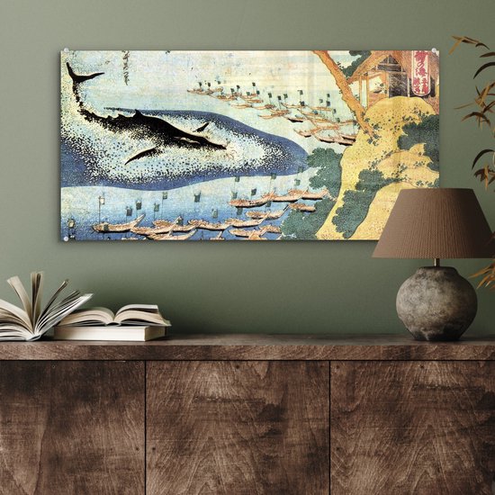 MuchoWow® Peinture sur verre 80x40 cm - Peinture acrylique sur verre - Une baleine à Goto - Peinture de Katsushika Hokusai - Photo sur verre - Peintures