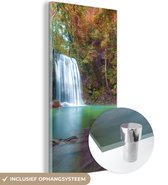 MuchoWow® Glasschilderij 40x80 cm - Schilderij acrylglas - Kleurrijke bladeren bij een waterval van het Nationaal park Erawan in Thailand - Foto op glas - Schilderijen
