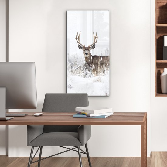 MuchoWow® Peinture sur verre 40x80 cm - Peinture acrylique sur verre - Cerf - Hiver - Neige - Animaux - Saisons - Wit - Photo sur verre - Peintures