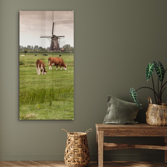 MuchoWow® Peinture sur verre - Vaches - Moulin - Nederland - 60x120 cm - Peintures sur verre acrylique - Photo sur Glas