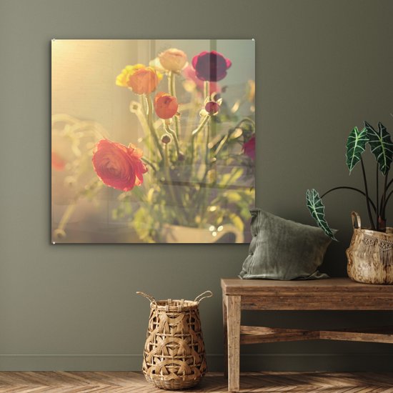 MuchoWow® Peinture sur verre 90x90 cm - Peinture sur verre acrylique - Bouquet de renoncules colorées - Photo sur verre - Peintures