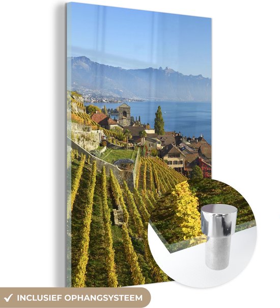 MuchoWow® Glasschilderij 80x120 cm - Schilderij acrylglas - Foto vanaf een wijngaard over het Meer van Genève - Foto op glas - Schilderijen