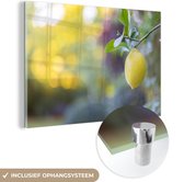 MuchoWow® Glasschilderij 90x60 cm - Schilderij acrylglas - citroen hangend aan een tak - Foto op glas - Schilderijen