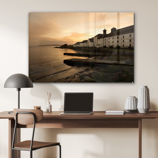 MuchoWow® Peinture sur verre 120x80 cm - Peinture sur verre acrylique - Coucher de soleil à la distillerie - Photo sur verre - Peintures