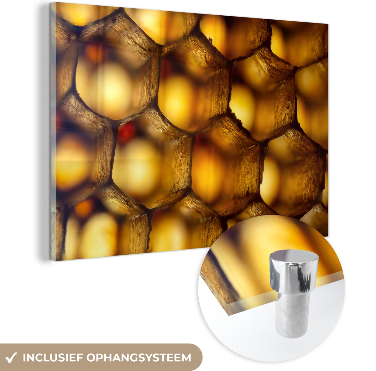 ® Glasschilderij 180x120 cm - Schilderij acrylglas - Binnenkant van een honingraat - Foto 