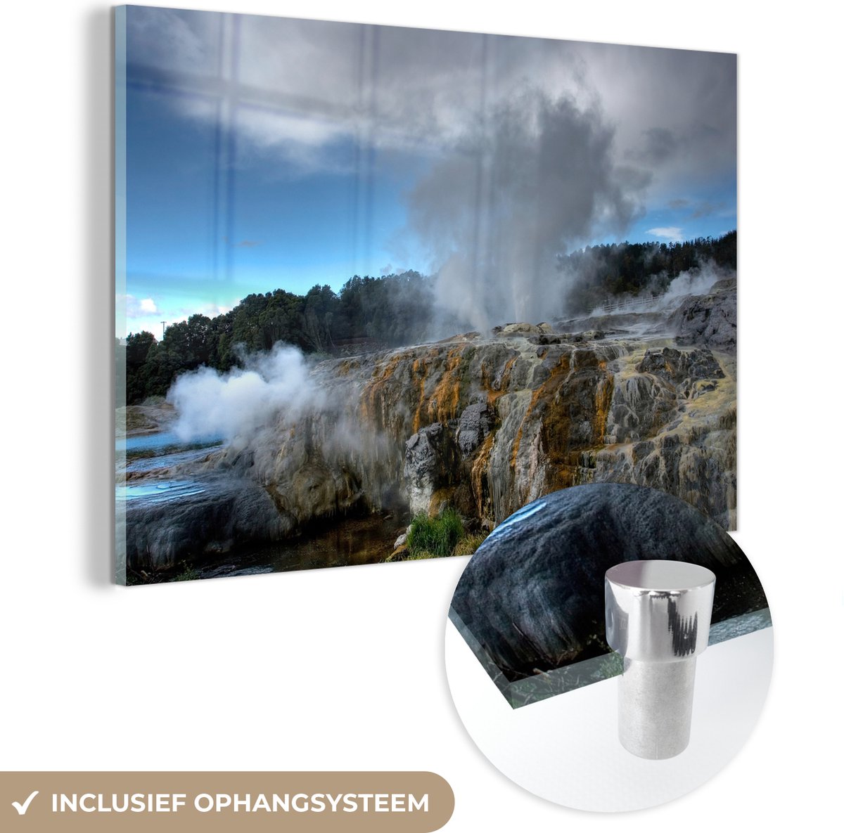 ® Glasschilderij 60x40 cm - Schilderij acrylglas - De Whakarewarewa geisers in Nieuw Zeela