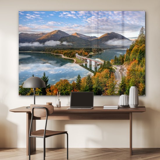 MuchoWow® Peinture sur verre 180x120 cm - Peinture sur verre acrylique - Alpes - Pont - Forêt - Photo sur verre - Peintures