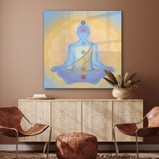 MuchoWow® Peinture sur Verre - Illustration du Moine aux Sept Chakras - 90x90 cm - Peintures sur Verre Acrylique - Photo sur Glas