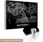 MuchoWow® Glasschilderij 30x20 cm - Schilderij acrylglas - Rotterdam - Stadskaart - Zwart - Foto op glas - Schilderijen - Plattegrond
