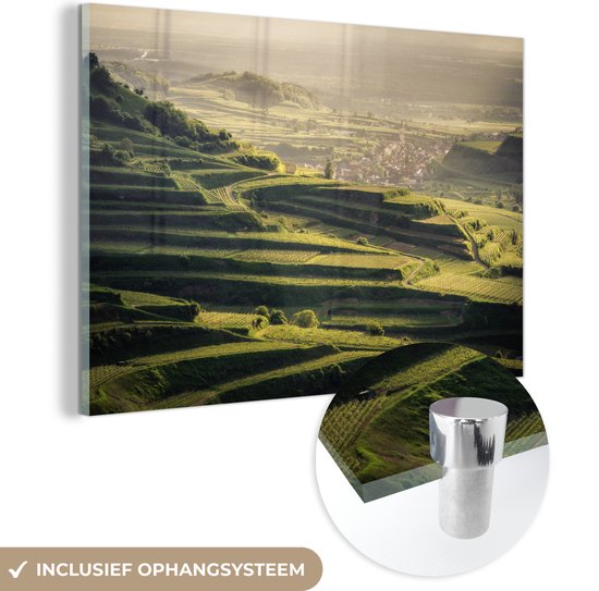 MuchoWow® Glasschilderij 120x80 cm - Schilderij acrylglas - Uitzicht over een zonsondergang - Foto op glas - Schilderijen
