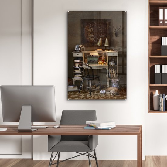 MuchoWow® Peinture sur Verre - Machine à écrire Vintage sur un Bureau Blanc - 60x90 cm - Peintures sur Verre Peintures - Photo sur Glas