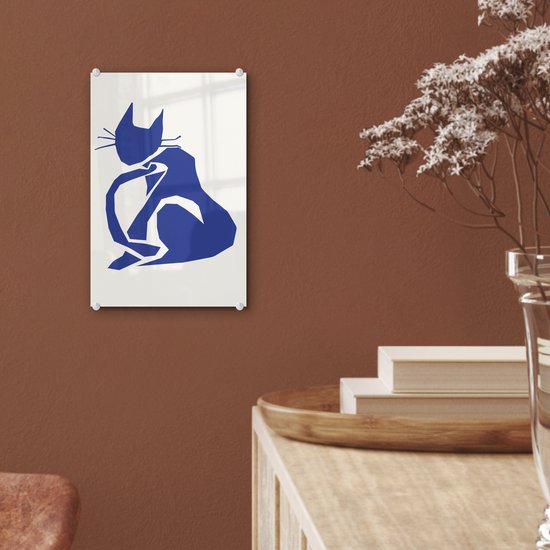 MuchoWow® Peinture sur verre 20x30 cm - Peinture sur verre acrylique - Chat - Animaux domestiques - Blauw - Matisse - Photo sur verre - Peintures