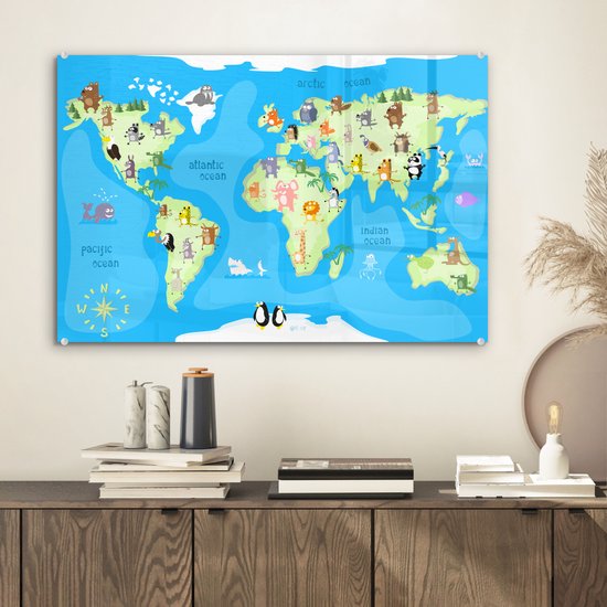 MuchoWow® Peinture sur verre 60x40 cm - Peinture sur verre acrylique - Wereldkaart - Enfant - Animaux - Blauw - Garçons - Filles - Photo sur verre - Peintures