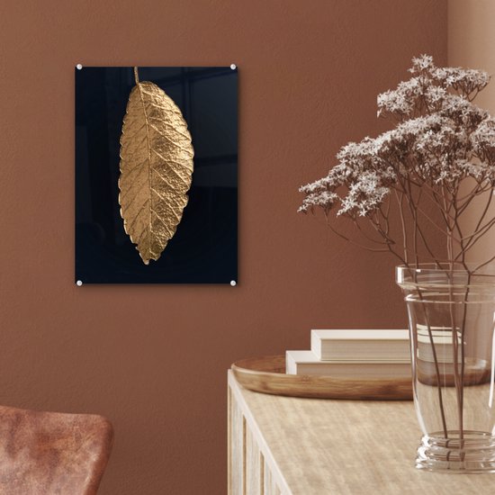 MuchoWow® Peinture sur verre 30x40 cm - Peinture sur verre acrylique - Feuilles - Zwart - Or - Luxe - Nature - Photo sur verre - Peintures