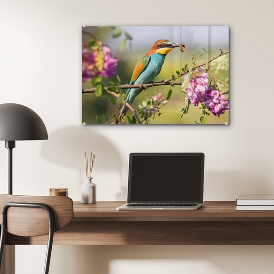 MuchoWow® Peinture sur verre 60x40 cm - Peinture sur verre acrylique - Vogel - Guêpier - Fleurs - Photo sur verre - Peintures