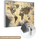 MuchoWow® Glasschilderij 60x40 cm - Schilderij acrylglas - Wereldkaart - Gouden - Krant - Foto op glas - Schilderijen