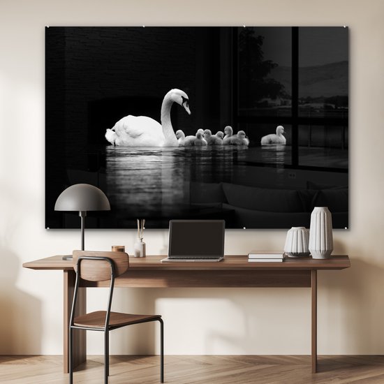 MuchoWow® Tableau en verre 150x100 cm - Peinture acrylique sur verre - Cygnes sur fond noir - noir blanc - Photo sur verre - Tableaux