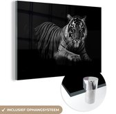 MuchoWow® Glasschilderij 30x20 cm - Schilderij acrylglas - Rustende Sumatraanse tijger - zwart wit - Foto op glas - Schilderijen