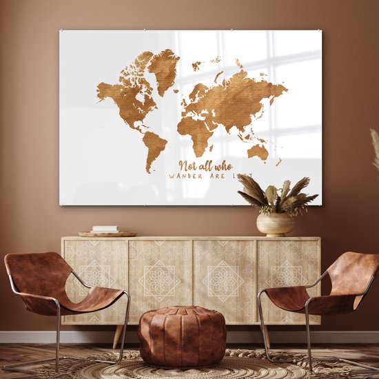 Peinture sur Verre - Carte du Wereldkaart - Bronze - Corde - 180x120 cm - Peintures sur Verre Peintures - Photo sur Glas