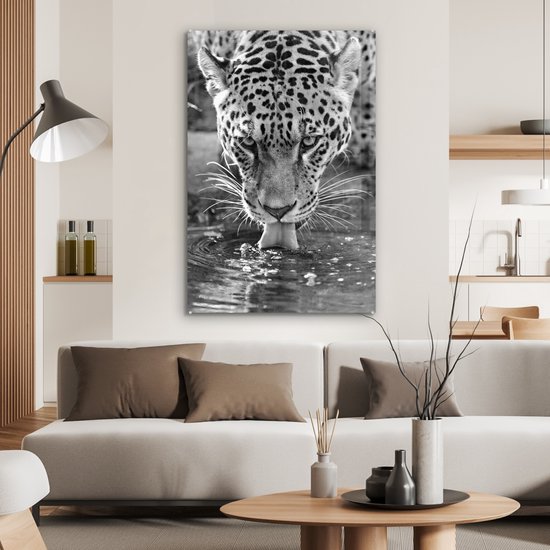 MuchoWow® Peinture sur Verre - Jaguar Buvant - noir et blanc - 60x90 cm - Peintures sur Verre Acrylique - Photo sur Glas