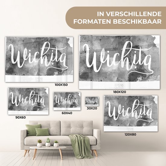 ® Glasschilderij 60x40 cm - Schilderij acrylglas - Een illustratie van de stad Wichita in Kansas met een kleurrijk kader - Foto op glas - Muurdecoratie woonkamer - Wanddecoratie slaapkamer - Schilderijen