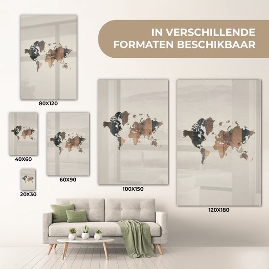 Peinture sur Verre - Carte du Wereldkaart - Planche de Bois - Marron - 80x120 cm - Peintures sur Verre Peintures - Photo sur Glas