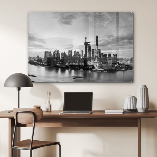 MuchoWow® Peinture sur verre - Shanghai Skyline - noir et blanc - 90x60 cm - Peintures sur verre acrylique - Photo sur Glas