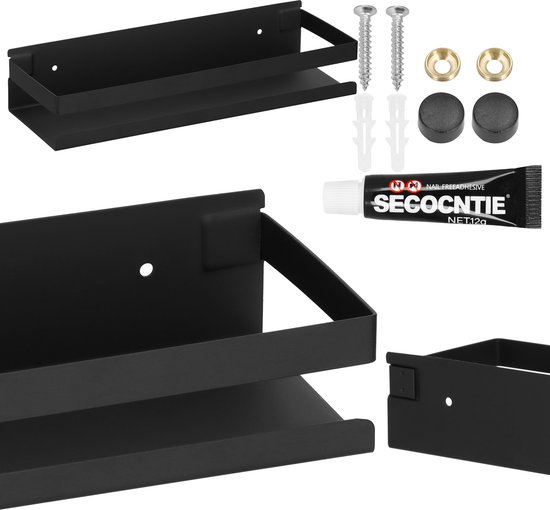 Zwarte metalen doucheplank met dubbele rand en details van de installatie-accessoires.