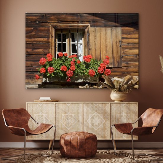 Fenêtre avec fleurs de géranium en fleurs L'odeur caractéristique du géranium est un ingrédient populaire pour les parfums épicés Plexiglas 180x120 cm - Tirage photo sur Glas (décoration murale en plexiglas) XXL / Groot format!