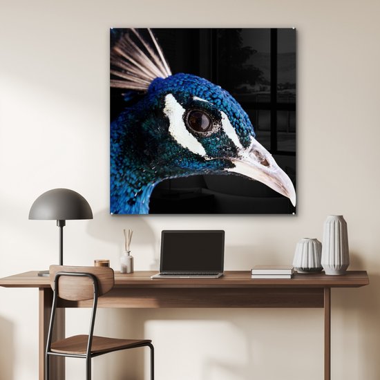 ® Glasschilderij 90x90 cm - Schilderij acrylglas - Pauw - Dier - Blauw - Foto op glas - Muurdecoratie woonkamer - Wanddecoratie slaapkamer - Schilderijen