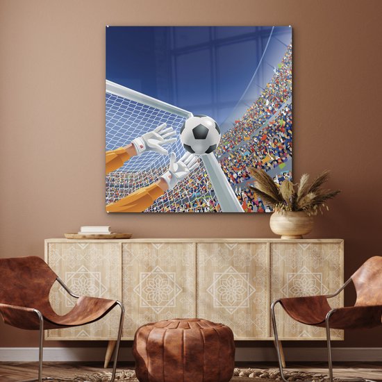 MuchoWow® Peinture sur verre - Une illustration d'un gardien de but arrêtant le football - Garçon - Filles - Enfant - 90x90 cm - Peintures sur verre acrylique - Photo sur Glas