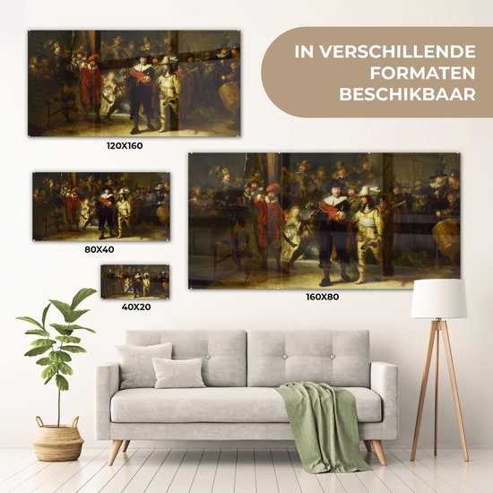 MuchoWow® Glasschilderij 160x80 cm - Schilderij acrylglas - De Nachtwacht - Rembrandt van Rijn - Foto op glas - Schilderijen