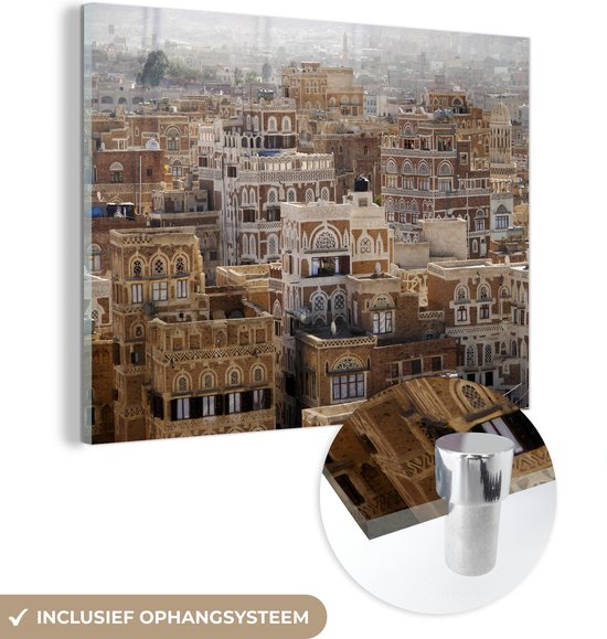 Glasschilderij - Volgebouwde straten van oude binnenstad Sanaa in Jemen - Plexiglas Schilderijen