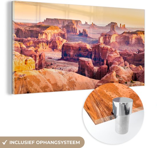 MuchoWow® Glasschilderij 40x20 cm - Schilderij acrylglas - Panorama van de Monument Valley in Amerika - Foto op glas - Schilderijen