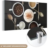 MuchoWow® Glasschilderij 40x20 cm - Schilderij acrylglas - Een bovenaanzicht van de ingrediënten van koffie - Foto op glas - Schilderijen