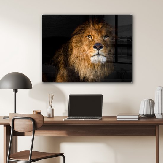 MuchoWow® Peinture sur verre - Lion - Lumière - Zwart - Portrait - 80x60 cm - Peintures sur verre acrylique - Photo sur Glas
