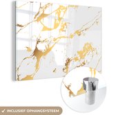 MuchoWow® Glasschilderij 90x60 cm - Schilderij acrylglas - Marmer - Wit - Goud - Luxe - Foto op glas - Schilderijen