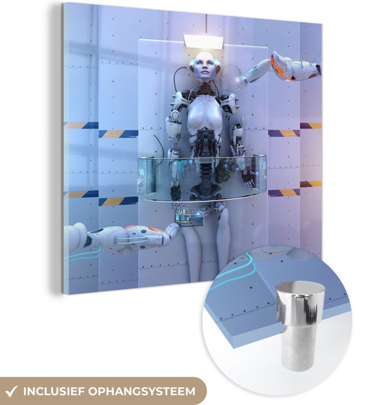 MuchoWow® Glasschilderij 90x90 cm - Schilderij acrylglas - Het ontstaan van een robot Science fiction - Foto op glas - Schilderijen