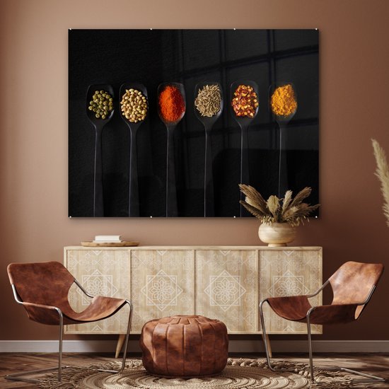 MuchoWow® Peinture sur verre 160x120 cm - Peinture sur verre acrylique - Cuillères - Épices - Zwart - Herbes - Rustique - Photo sur verre - Peintures