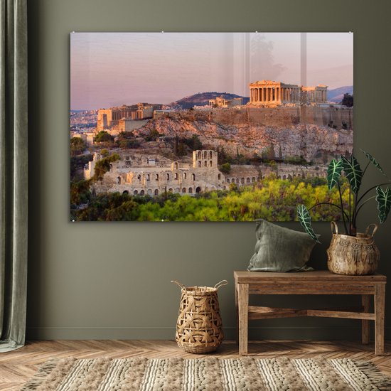 ® Glasschilderij 180x120 cm - Schilderij acrylglas - Tempel - Griekenland - Berg - Foto op glas - Muurdecoratie woonkamer - Wanddecoratie slaapkamer - Schilderijen