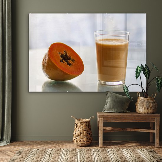 ® Glasschilderij 150x100 cm - Schilderij acrylglas - Papajasmoothie gemaakt van een stuk papaja fruit - Foto op glas - Muurdecoratie woonkamer - Wanddecoratie slaapkamer - Schilderijen