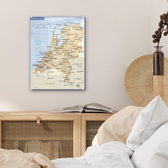 MuchoWow® Glasschilderij 30x40 cm - Schilderij acrylglas - Bruine kaart van Nederland - Foto op glas - Schilderijen