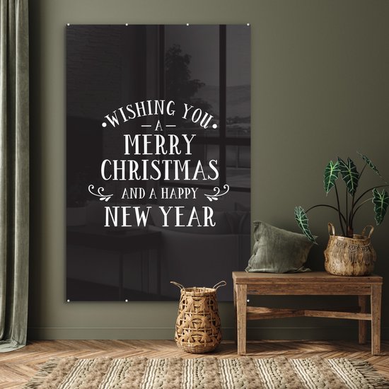 ® Glasschilderij 120x180 cm - Schilderij acrylglas - Kerst quote Wishing you a merry Christmas tegen een zwarte achtergrond - Foto op glas - Muurdecoratie woonkamer - Wanddecoratie slaapkamer - Schilderijen