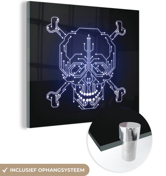 MuchoWow® Glasschilderij 90x90 cm - Schilderij acrylglas - Illustratie van een schedel die symbool staat voor cybercriminaliteit - Foto op glas - Schilderijen