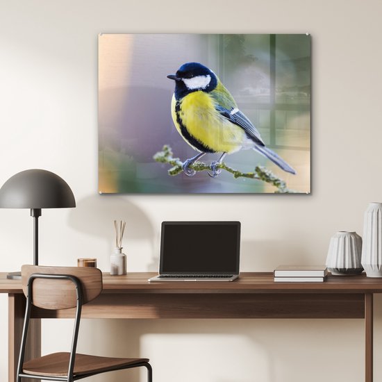Peinture sur verre - Mésange charbonnière - Vogel - Branche - Mousse - Verre acrylique - Photo sur verre - 80x60 cm - Décoration murale verre - Peinture sur verre oiseaux - Peinture sur verre animaux - Décoration maison - Chambre