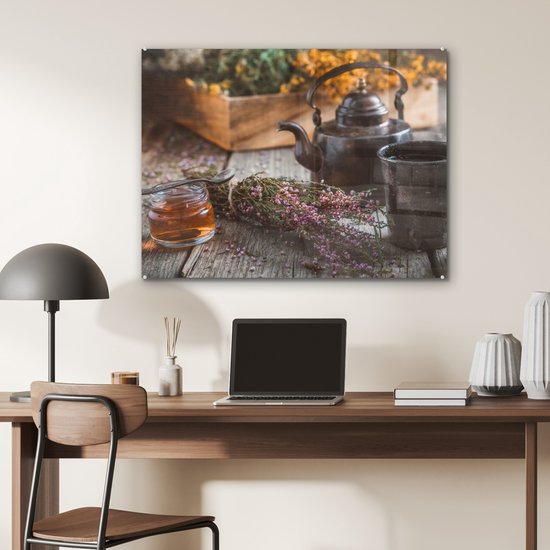 MuchoWow® Peinture sur verre 80x60 cm - Peinture sur verre acrylique - Thee - Théière - Herbes - Photo sur verre - Peintures
