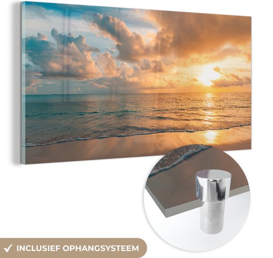 Peinture sur verre - Photo sur verre - Sable - Mer - Soleil - Nuages ​​- 120x60 cm - Verre acrylique - Décoration murale - Peinture mer sur verre - Peinture sur verre plage - Décoration murale