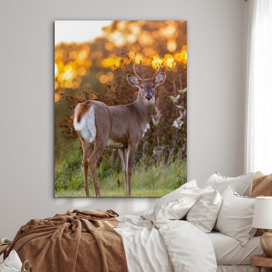 Peinture sur verre - Verre acrylique - Cerf - Bruyère - Nature - Coucher de soleil - Peinture sur verre - Photo sur verre - Décoration murale - 120x160 cm - Peinture sur verre animaux - Décoration murale